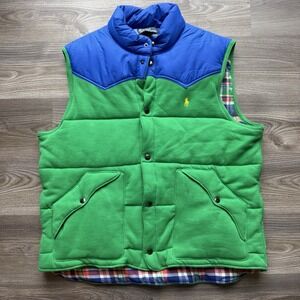 Polo Ralph Lauren Blue Green Western Yoke Puffer Vest Plaid Lined Men's Size XXL